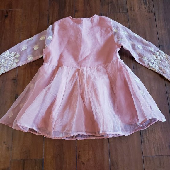 Women's Powder Coral Organza Gold Embroidery Yok Flare And Sleeves Peplum Top - Picture 11 of 14